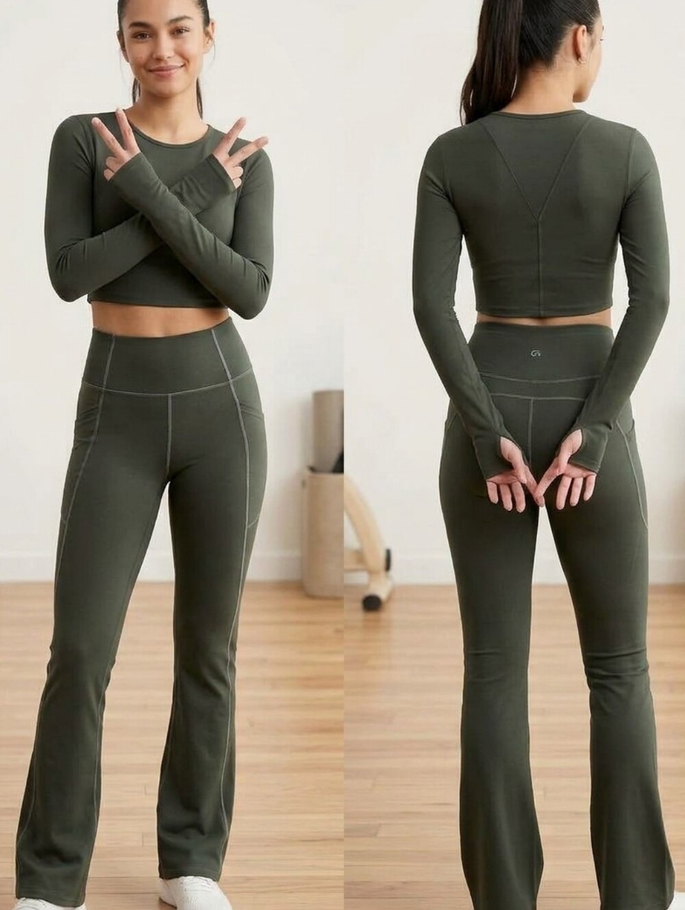 GapFit High Waisted Flare Leggings with Side Pockets - Olive Green (XS)